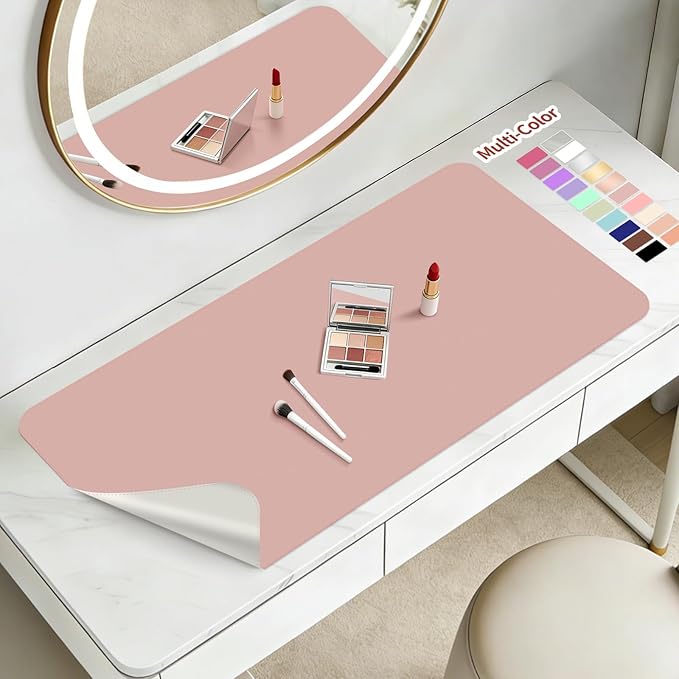 Makeup Mat for Vanity to Protect Desk Top 19.7 x 15.7 in, Dual-Sided Makeup Mat, Easy to Clean Desk Pad - Waterproof and Oilproof Vanity Accessories (Pink and Silver)