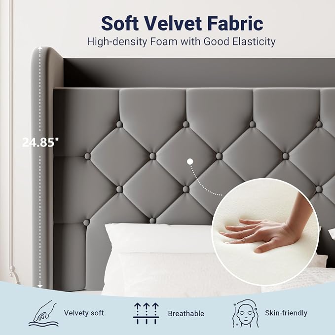 Allewie Queen Size Bed Frame, Storage Headboard with Charging Station, Wingback Velvet Upholstered, Diamond Stitched Button Tufted, Sturdy Wooden Slats, No Box Spring Needed, Easy Assembly, Grey