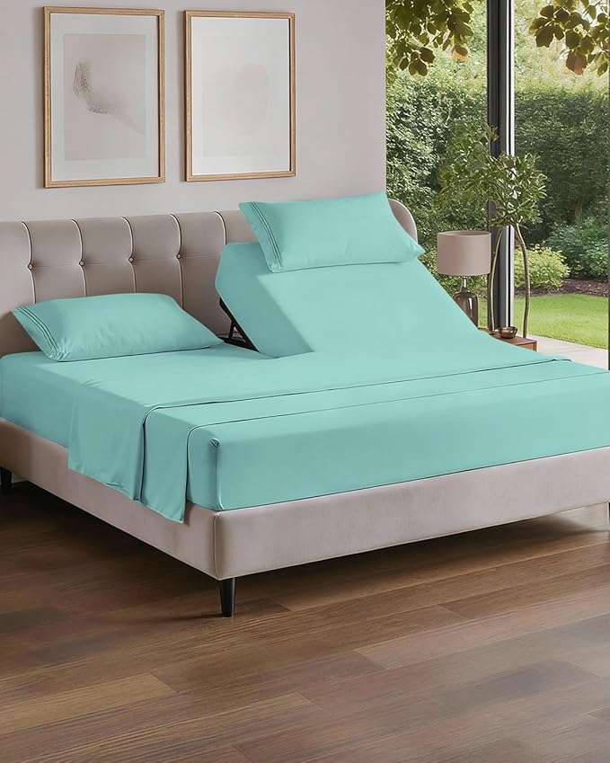 Flex Top Split Head King 4 Piece Sheet Set - Soft, Breathable & Cooling Bed Sheets Set - Hotel Luxury Bedding for Women & Men with Deep Pockets - Wrinkle Free & Fade Resistant - Oeko-Tex - Spa Blue