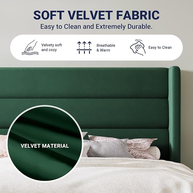 Allewie Queen Size Platform Bed Frame with Velvet Upholstered Wingback Headboard, No Box Spring Needed, Under Bed Storage Space, Strong Wooden Slats, Modern Mattress Foundation, Easy Assembly, Green