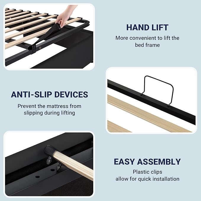 Allewie King Size Lift Up Storage Bed Frame with Charging Station & LED Lights, Adjustable Velvet Upholstered Storage Headboard, Type-C & USB Ports, Hydraulic Support, No Box Spring Needed, Black