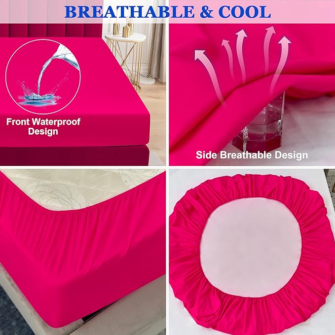 Sufdari Full Size Mattress Protector,Waterproof Mattress Protector,Fitted Sheet Style Mattress Cover with 18" Deep Pocket,Washable and Comfortable-Deep Pink,Full