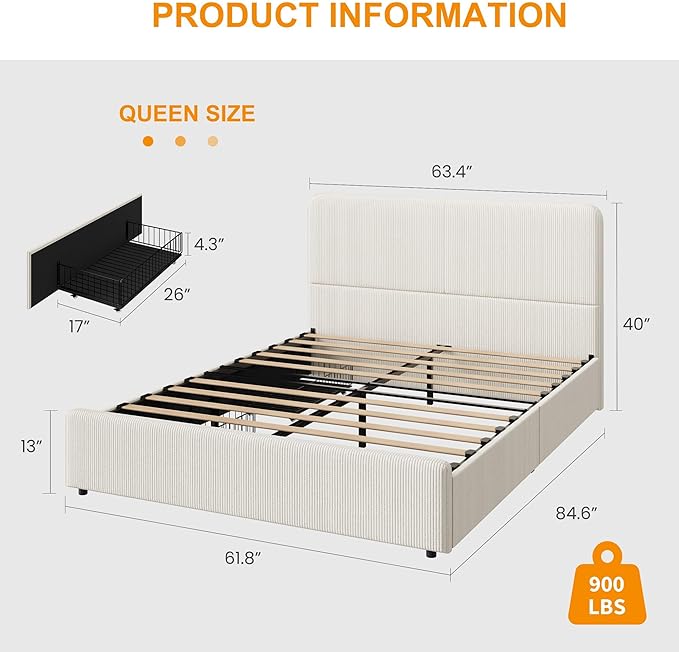 GarveeHome Modern Upholstered Platform Bed Frame with Headboard and Storage Drawers – Strong Wood Slats, Noise-Free, No Box Spring Needed, Easy Assembly – Full Size, Corduroy Neutral-White Tone