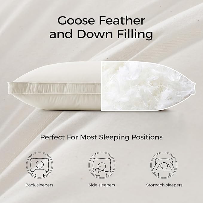 puredown® Gusseted Goose Feather Down Pillows, 100% Organic Cotton Cover, Luxury Hotel Collection Bed Pillows for Sleeping Set of 2, Standard Size