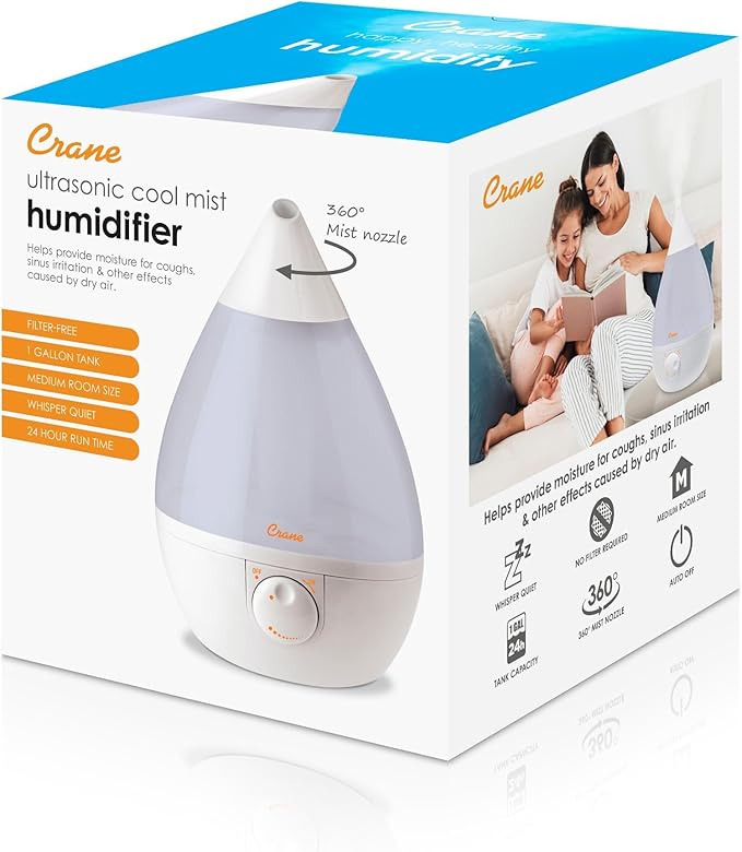 Crane Ultrasonic Cool Mist Humidifier for Bedroom, Baby Nursery, Kids Room, Plants, or Office, Large 1 Gallon Tank, Filter Optional, White
