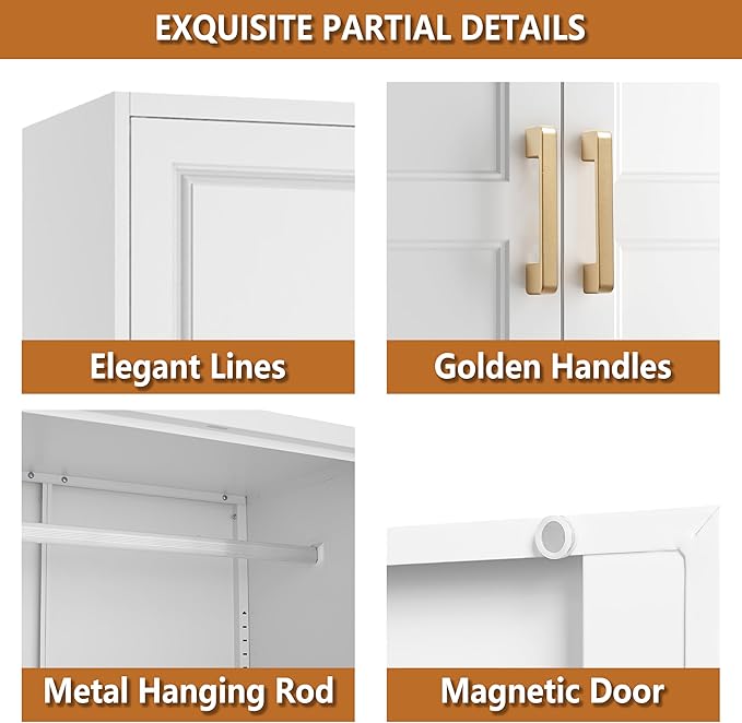 Polup Metal Armoire Wardrobe Closet with Doors and Shelves, 71" Tall Freestanding Wardrobe Cabinet for Hanging Clothes, Large Closet with Hanging Rod for Bedroom, Office, School, Employee, Gym, White