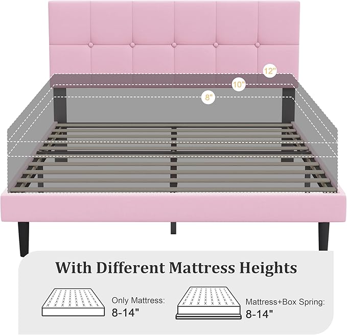 Queen Bed Frame, Velvet-Upholstered Platform Bed Frame with Tufted Button Headboard, Sturdy Slatted Mattress Base, No Spring Mattress Required, Easy to Assemble, Pink