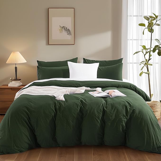 NEXHOME PRO Twin Duvet Cover Set – 100% Certified Organic Cotton with Washed Feel & Linen-Like Texture, Comfortable & Breathable, Home Bedding Set Olive Green (No Comforter)