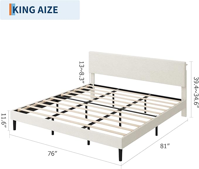 IDEALHOUSE King Size Bed Frame, Platform Bed with Adjustable Corduroy Upholstered Storage Headboard and Charging Station, Sturdy Metal Support, Noise Free, Easy Assembly, Beige
