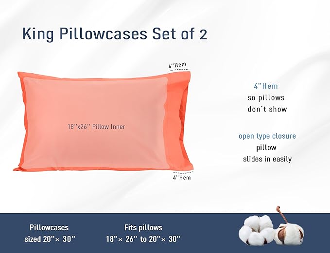 Pillow Cases, King Size Cotton Percale Weave Pillowcases, Pre-Shrunk Breathable and Hypoallergenic Pillowcases, Set of 2 (2 Piece King 20 Inch x 40 Inch, Coral)