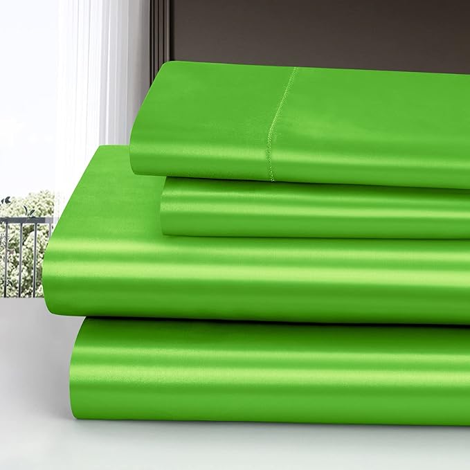 Homiest 4pcs Satin Sheets Set Luxury Silky Satin Bedding Set with Deep Pocket, 1 Fitted Sheet + 1 Flat Sheet + 2 Pillowcases (Full Size, Lime Green)