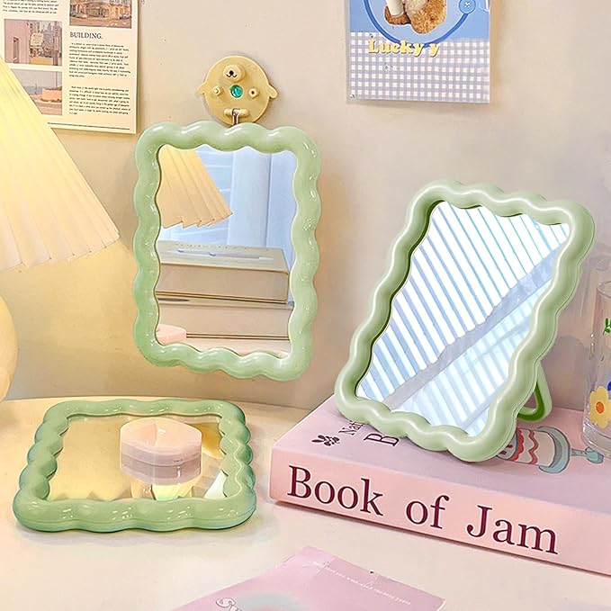 Wave Shaped Table Desk Vanity Makeup Mirror Portable Folding Cute Travel Make Up Mirror for Standing Hanging 6.7X5.3 Inch Home Decoration (Green)