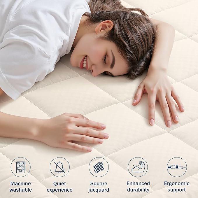 OLANLY Queen Quilted Fitted Mattress Pad, Elastic Fitted Mattress Topper, Cooling Soft Mattress Cover Stretches up to 21 Inches Deep, Machine Washable Mattress Protector (60x80 inch, Ivory White)