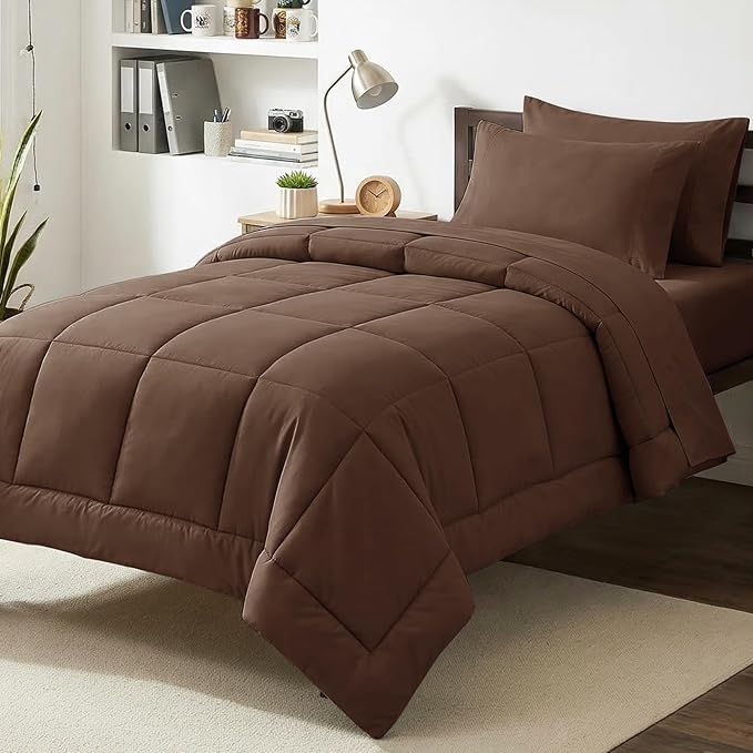 CozyLux Twin XL Comforter Set Brown, 5 Pieces Twin Extra Long Bed in a Bag for College Dorm, All Season Bedding Set with Stitch Quilted Comforter, Flat Sheet, Fitted Sheet, Pillowcases