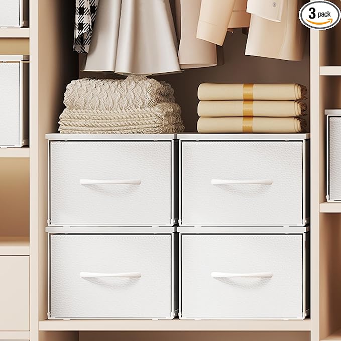 X-cosrack 3 Packs Individual Stackable Storage Drawers with Wood Top for Closet, Small Stacking Closet Organizer with Drawers, Metal Frame 3 Fabric Storage Drawer Bins for Bedroom, Under Bed, White