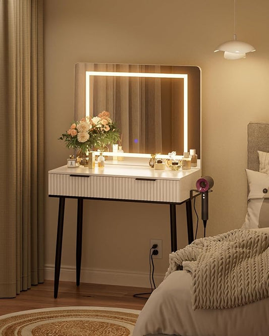 Vanity Desk with Large Mirror and Lights, Small Makeup Vanity Table with 2 Drawers, Dressing Table with 3 Adjustable Lighting Color, Small Makeup Desk for Bedroom, White with Black Leg