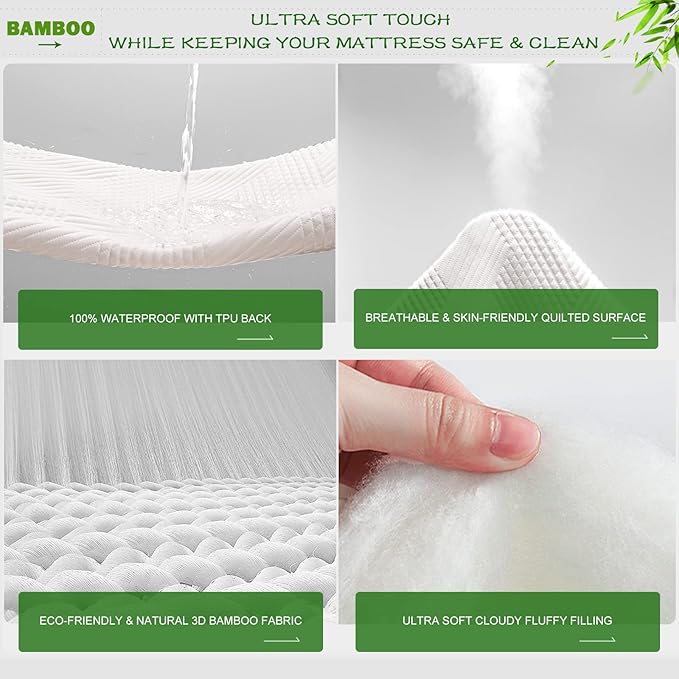 GRT Twin Waterproof Mattress Protector Rayon Bamboo - 3D Air Fiber Cooling Mattress Cover Breathable Ultra Soft, Mattress Pad Noiseless Fits up to 19'' Deep Pocket Washable