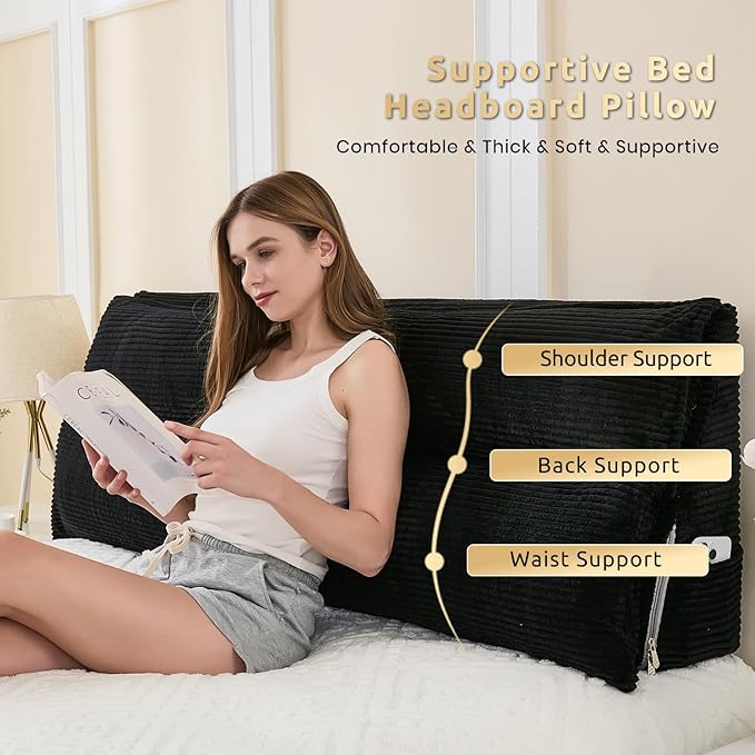 Zelladorra Wedge Pillow Headboard, Headboard Pillow Queen for Reading or Sitting, Bolster Pillow with Large Memory Foam, Removable Cover, Black