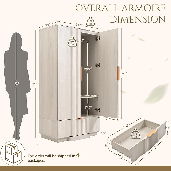 Yechen 67" Fluted Armoire Wardrobe Closet Set of 2 with Doors and Drawer, Wooden Wardrobe Closet Cabinet with Adjustable Shelve, Modern Small Armoires Storage Clothes, Coats for Bedroom, White, 2pcs