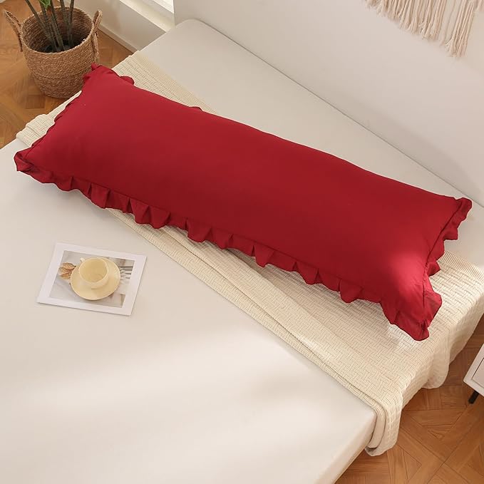 Burgundy Body Pillow Cover 20x54inches Long Pillowcase Ruffled Pillowcases Shabby Chic Ruffled Fringe Decor Body Ruffled Pillow Sham Cute Pillowcase (1 Body, Burgundy)