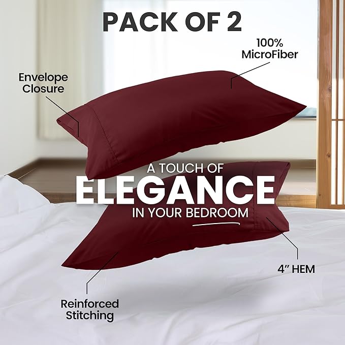Utopia Bedding King Pillow Cases - 2 Pack - Envelope Closure - Soft Brushed Microfiber Fabric - Shrinkage and Fade Resistant Pillow Covers King Size 20 X 40 Inches (King, Burgundy)