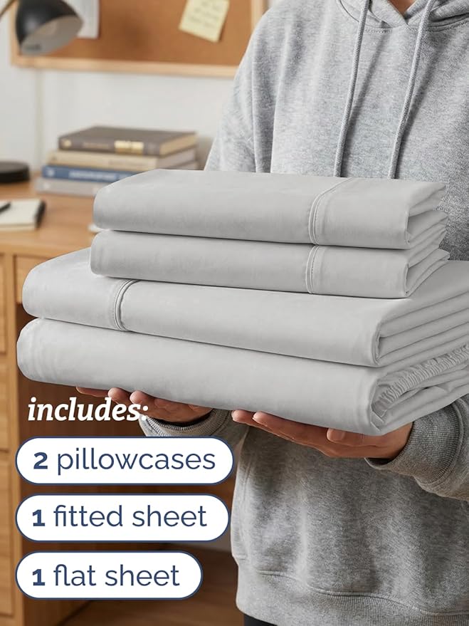 Twin XL 4 Piece Sheet Set - Comfy, Breathable & Cooling - Soft Hotel Luxury Bedding for Women, Men, Kids, Teens and Children - 1 Flat & 1 Fitted Sheet & 2 Pillowcases with Deep Pockets - French Grey