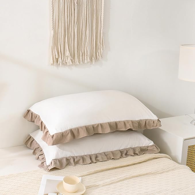 Merryword Taupe Pillow Shams White and Taupe Reversible King Pillowcases Cute Pillow Cover Set of 2 Soft Shabby Chic Ruffled Pillowcases 2 Pack (King (20''x36''), White Taupe)