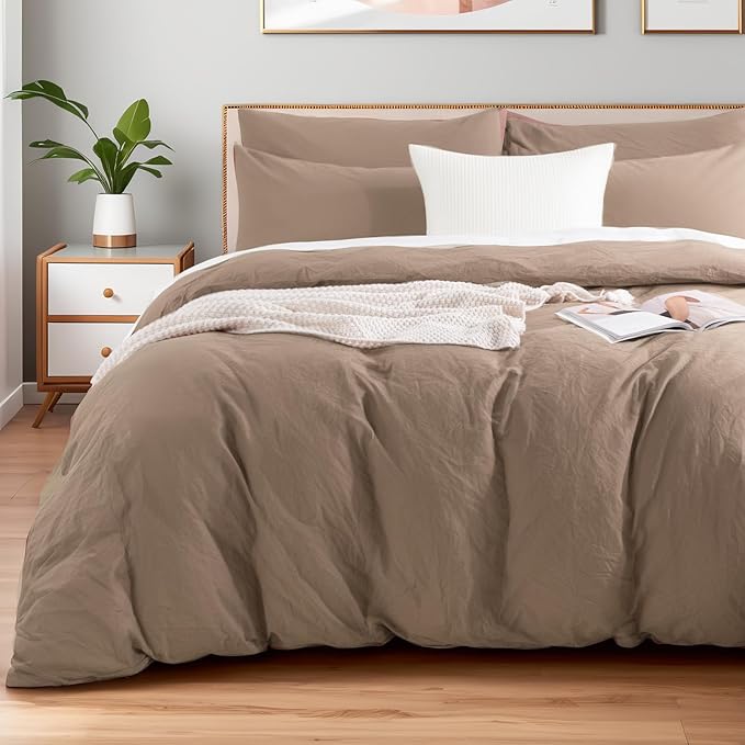 NEXHOME PRO 100% Washed Cotton Duvet Cover Queen Size, Ogranic Natural Linen Feel Breathable Bedding Set with Zipper Closure, 3 Pieces Duvet Cover Set Toffee (No Comfortert) 9090