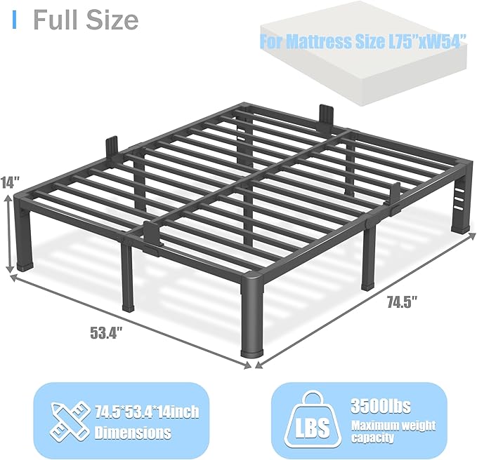 14 inch Full Size Bed Frame with Round Corner Legs and Headboard Hole Mattress Slide Stopper 3500 lbs Heavy Duty Metal Platform,Steel Slat Support,No Box Spring Needed,Easy Assembly,Noise Free