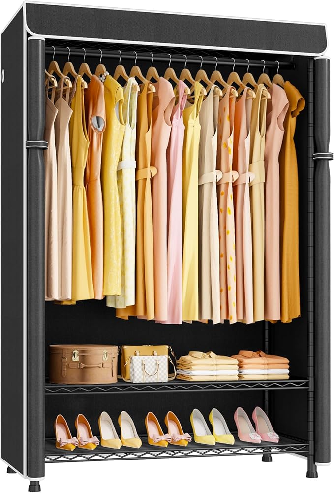 ULIFHOME H5C Plus Clothes Rack with Cover, Portable Closet for Hanging Clothes, Covered Clothing Racks Heavy Duty, Garment Racks with Shelves, Max Load 370LBS, Black Closet Rack with Black Cover