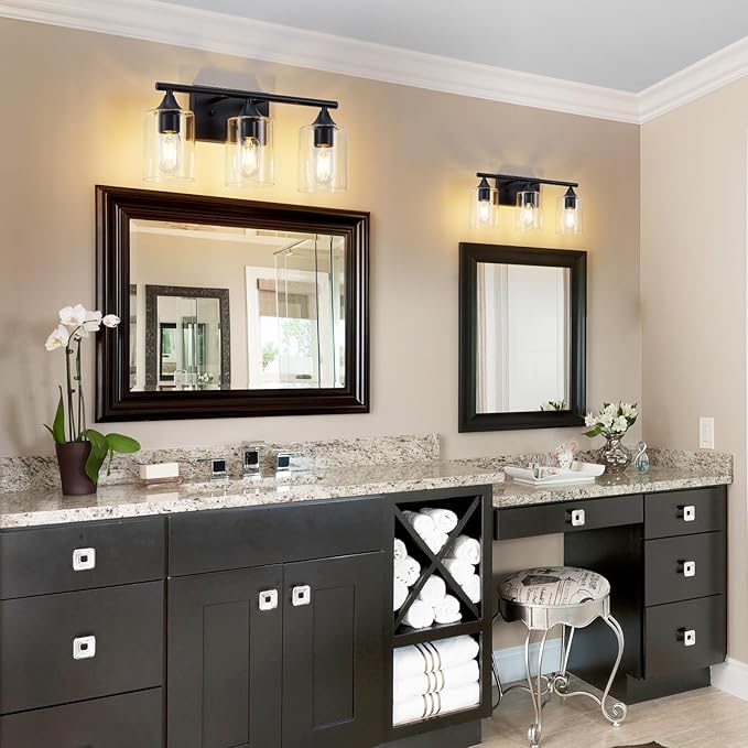 Bathroom Lighting Fixtures Over Mirror,3-Light Black Bathroom Vanity Light,Sconces Wall Lighting with Clear Glass Shade,Light Fixture for Bedroom Living Room Vanity Table Hallway