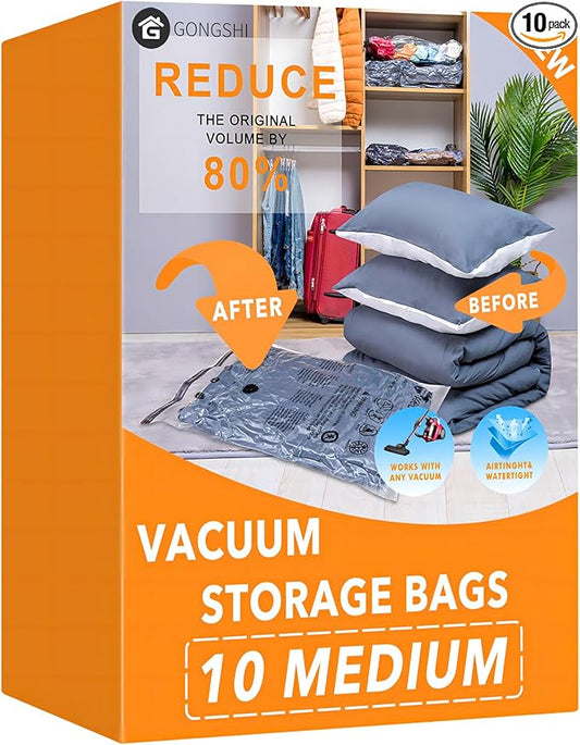 GONGSHI Vacuum Storage Bags, Space Saver Seal Bags For Clothing, Travel Luggage,Blankets, Comforters, Pillows, Clothes Storage.10 Medium
