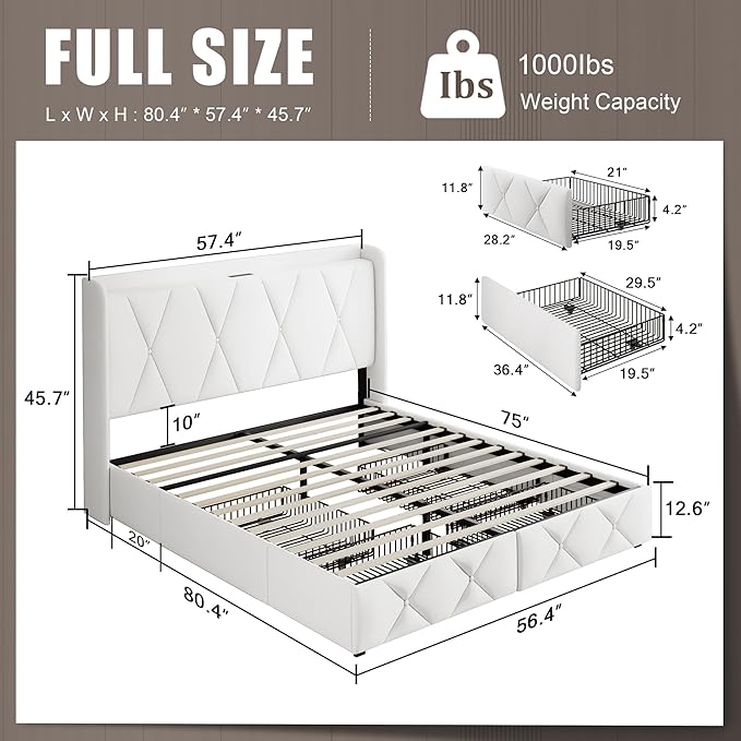 Einhomn Full Size Bed Frame with 4 Storage Drawers and Charging Station, Upholstered Platform Bed Frame with Storage Headboard, No Box Spring Needed, Easy Assembly, White