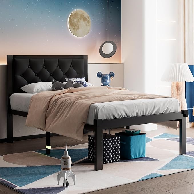 Feonase Twin Size Metal Bed Frame with Faux Leather Button Tufted Headboard, Heavy-Duty Platform Bed Frame with 12" Storage, Steel Slats Support, No Box Spring Needed, Noise Free, Matte Black