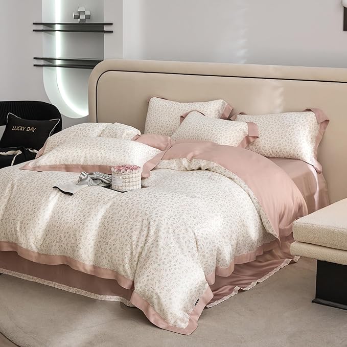 mixinni Pink White Floral Duvet Cover Twin XL Size Green Leaves Cute Flower Botanical Printed 100% Lyocell Duvet Cover Set Reversible Design Cooling Bedding for Women Girls