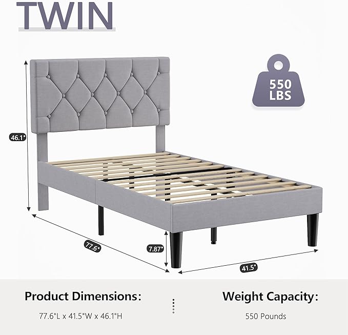 VECELO Twin Size Bed Frame with Button Tufted Headboard, Upholstered Platform Bedframe with Wood Slat Support, No Box Spring Needed, Velvet & White