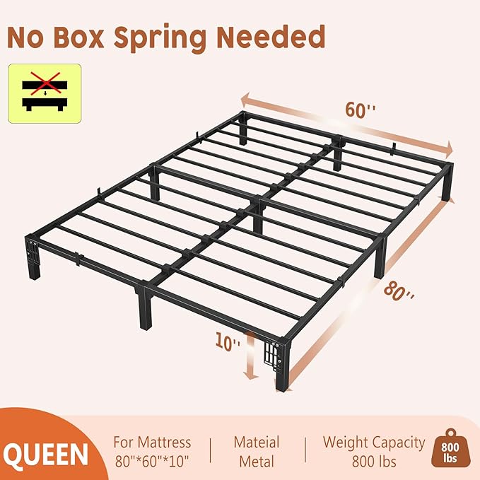 GarveeHome 10 Inch Queen Bed Frame, Heavy Duty Metal Platform Bed Frame with Iron Slat Support, No Box Spring Needed, Tool-Free Assembly, Supports 800 Lbs