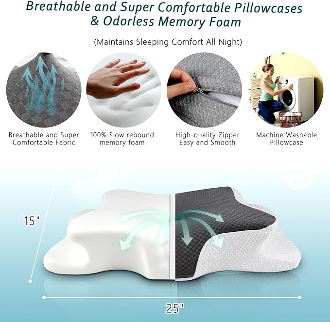 CHxxy Cervical Neck Pillow for Pain Relief Sleeping, Memory Foam Pillows, Ergonomic Side Sleeper Pillows, Cooling Orthopedic Neck Support Pillow for Back Stomach Sleepers-Queen Size Grey&White