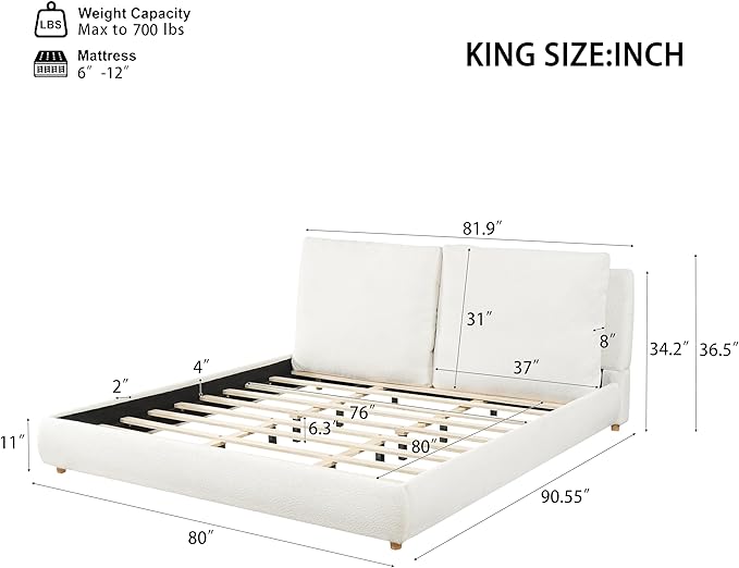 Merax King Size Boucle Fabric Upholstered Platform Bed with Two Removable Pillow Headboard, Wood Bed Frame with Solid Round Legs for Kids Teens Adults, White