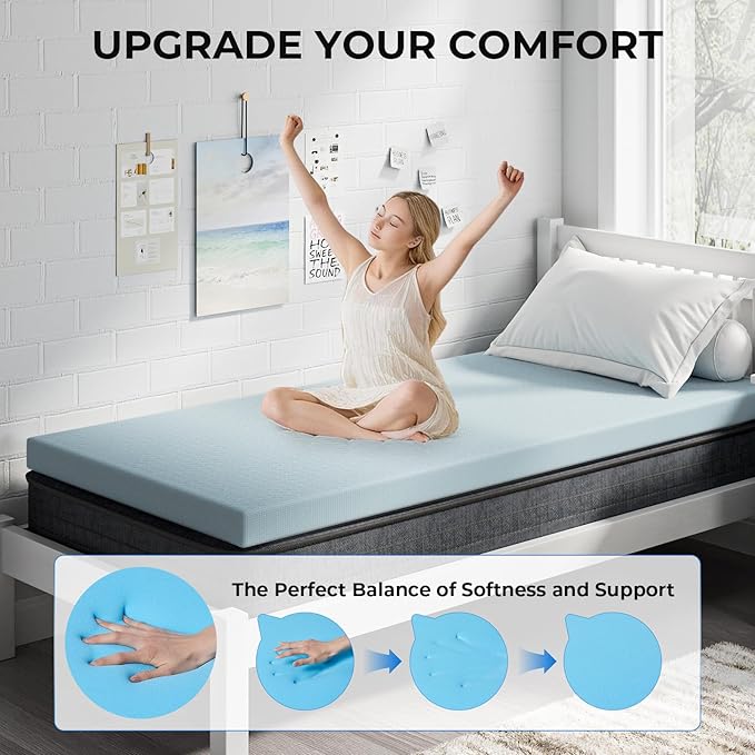 OhGeni 2 Inch Twin XL Memory Foam Mattress Topper Pad with Cover, Soft Bed Cover with Anti-Slip Base, Enhanced with Cooling Gel，Removable & Washable，College Dorm Room Essential