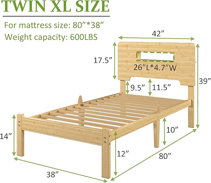 ZIYOO Twin XL Size Bamboo Bed Frame 12 Inch Height, Heavy-Duty Bed Base with Natural Bamboo Exterior & Metal Support Slats, Anti-Slip Platform Bed for Bedroom