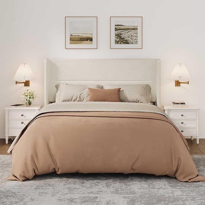 Garvee Full Size Bed Frame with Wingback Headboard, Velvet Upholstered Platform Bedframe with Wood Slats, No Box Spring Needed, Easy Assembly, Beige