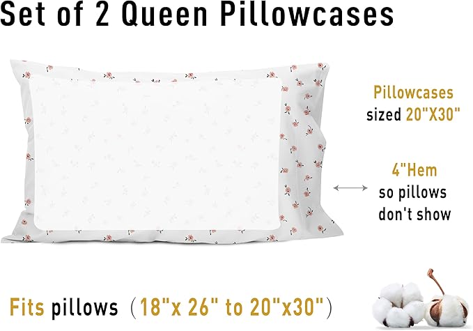 sunflower Queen Pillowcases Set of 2, 100% Cotton Queen Size Pillow Cases 2, 20×30 inches Pink Posy, Soft and Breathable