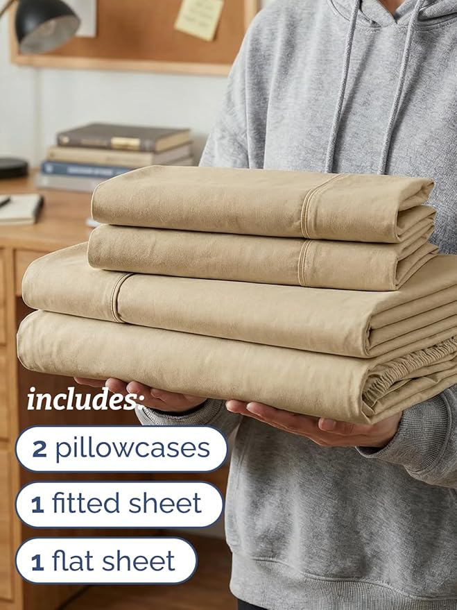 Twin XL 4 Piece Sheet Set - Comfy, Breathable & Cooling - Soft Hotel Luxury Bedding for Women, Men, Kids, Teens and Children - 1 Flat & 1 Fitted Sheet & 2 Pillowcases with Deep Pockets - Heathered Tan