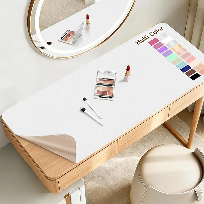 Makeup Mat for Vanity to Protect Desk Top 23.6 x 11.8 in, Dual-Sided Makeup Mat, Easy to Clean Desk Pad - Waterproof and Oilproof Vanity Accessories (White and Khaki)
