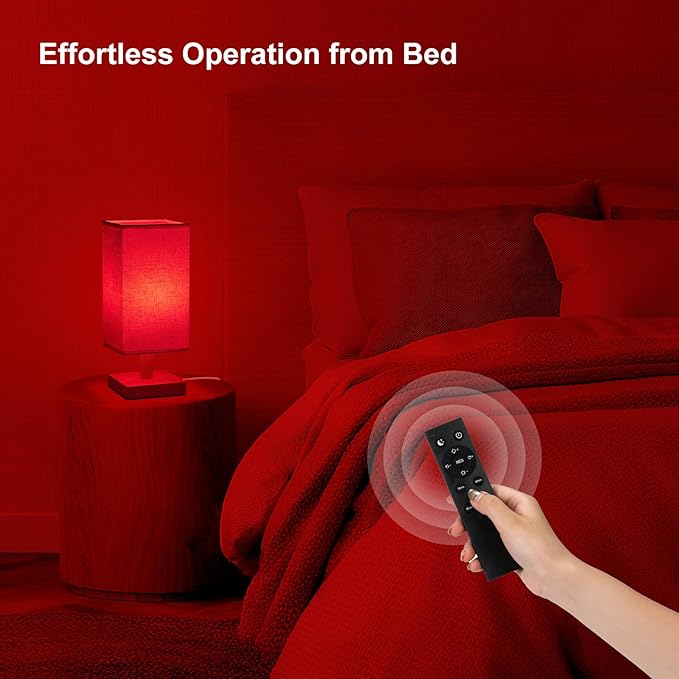 Red Light Lamp for Bedroom, Nightstand Lamp with 670nm Red & 3000-6500K White Light, Remote Control, Timer, Night Light, Dimmable LED Bedside Table Lamp with Memory Function, Wood Base & Fabric Shade