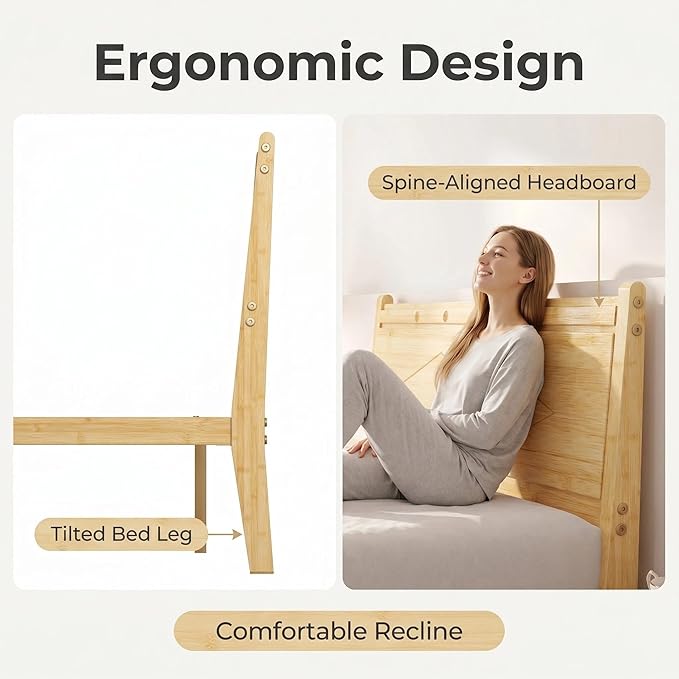 Askeld 14 inch Bamboo Queen Bed Frame with Headboard, Light Cottagecore Solid Wood Platform Bed with Heavy Duty Metal Slats, No Box Spring Needed, Easy Assembly, Noise Free