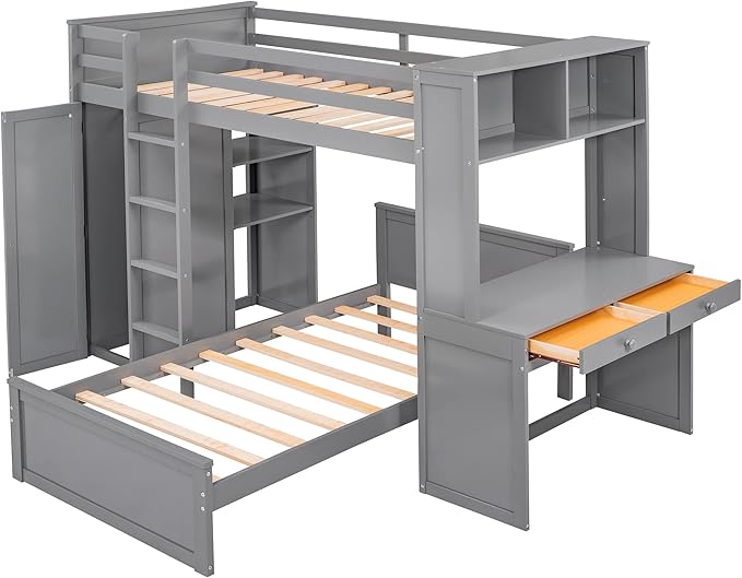 JULYFOX Twin Loft Bunk Bed with Wardrobe, Wood Bunk Bed Twin Over Twin with Tilt Ladder Study Desk Shelves 2 Bed Frames Space Saving No Box Spring Needed(Twin Over Twin,Gray)