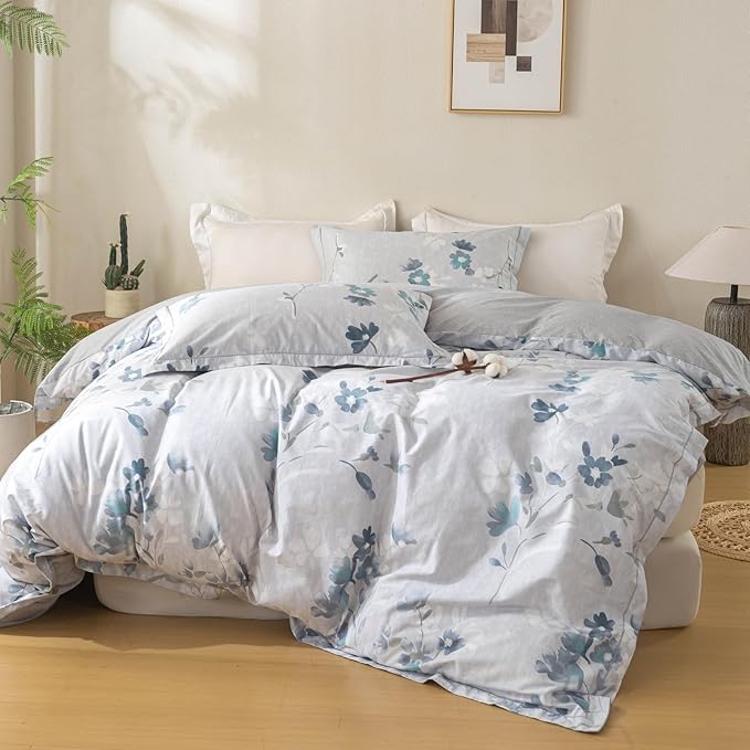 OAITE Duvet Cover Set King Size Floral Pattern Ultra Soft 100% Cotton Duvet Cover Sets 3-PC, Breathable Duvet Cover with Zipper Closure & Corner Ties(2 Pillow Shams,1 Duvet Cover)