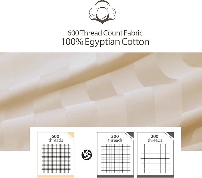 2-Pack Pure Cotton Twin XL Bottom Sheet for Adjustable Bed Split King, 600 TC 16" Deep Pocket Egyptian Cotton Fitted Sheet (2-Pack, Twin XL, Stripted Beige)